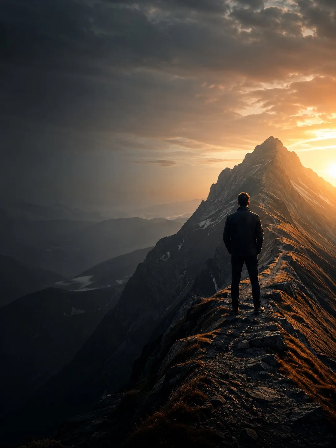 Un dirigeant sur une arête de montagne face au sommet éclairé