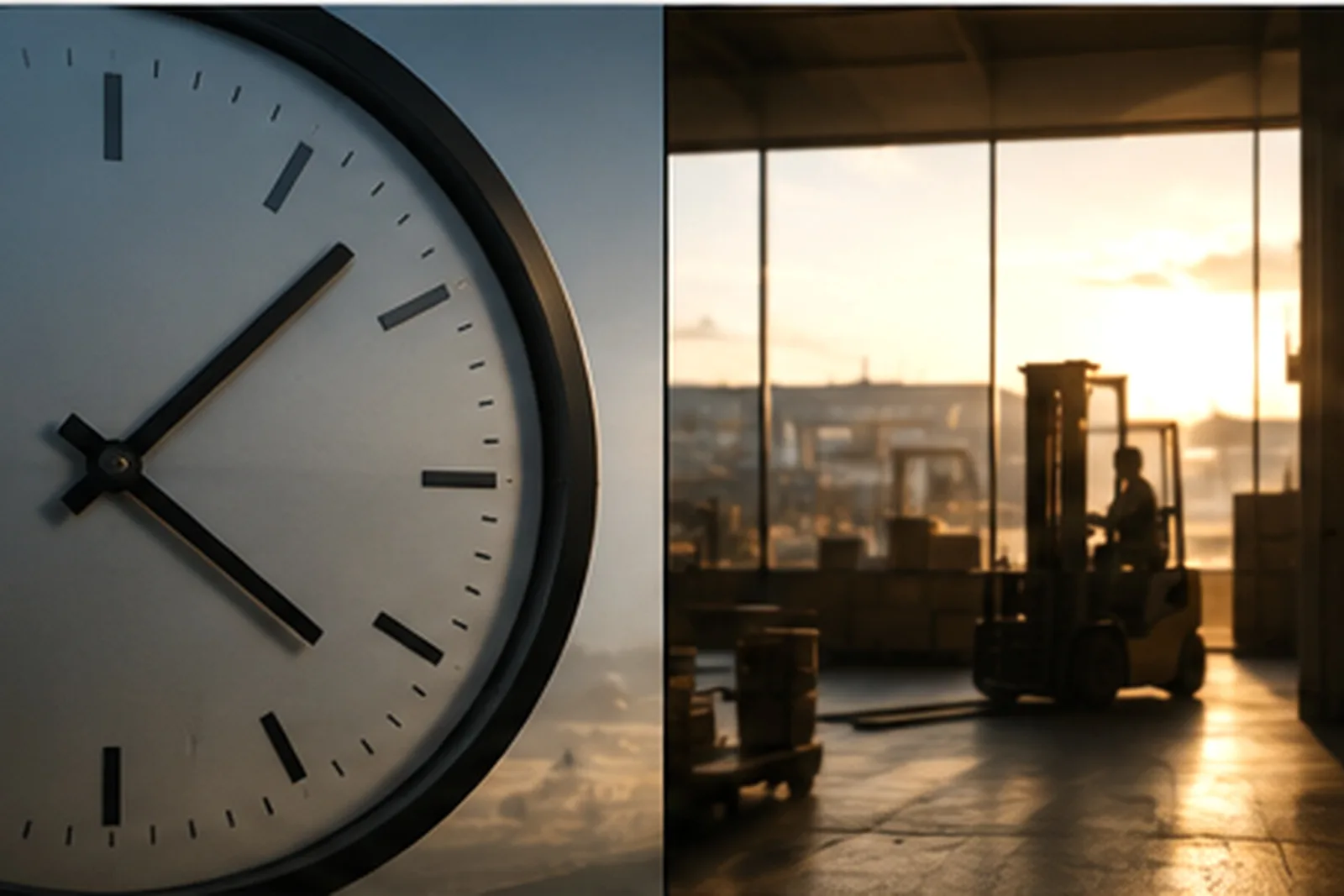Une horloge murale et un terrain logistique en fin de journée