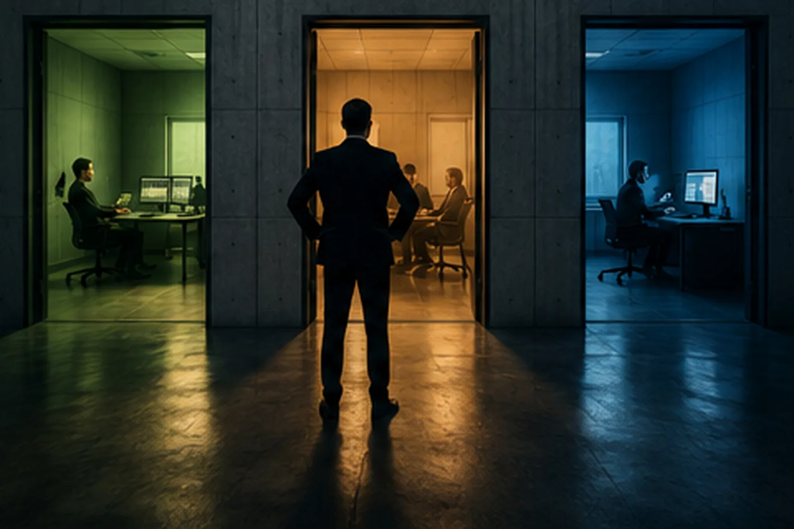 Un dirigeant face à trois bureaux éclairés différemment