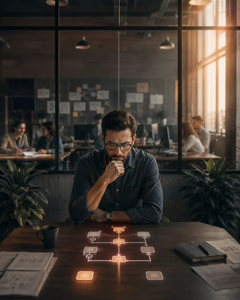 Un responsable observe un schéma de décision projeté sur la table