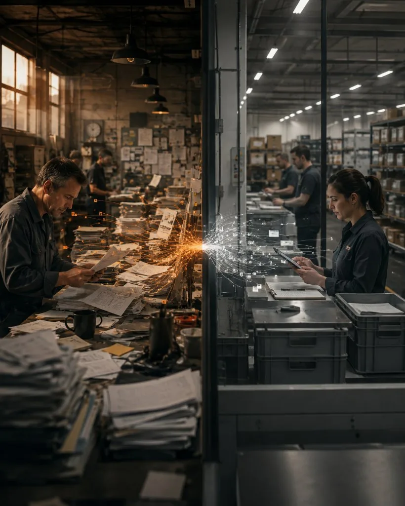 D’un côté les papiers de l’atelier, de l’autre le flux numérique