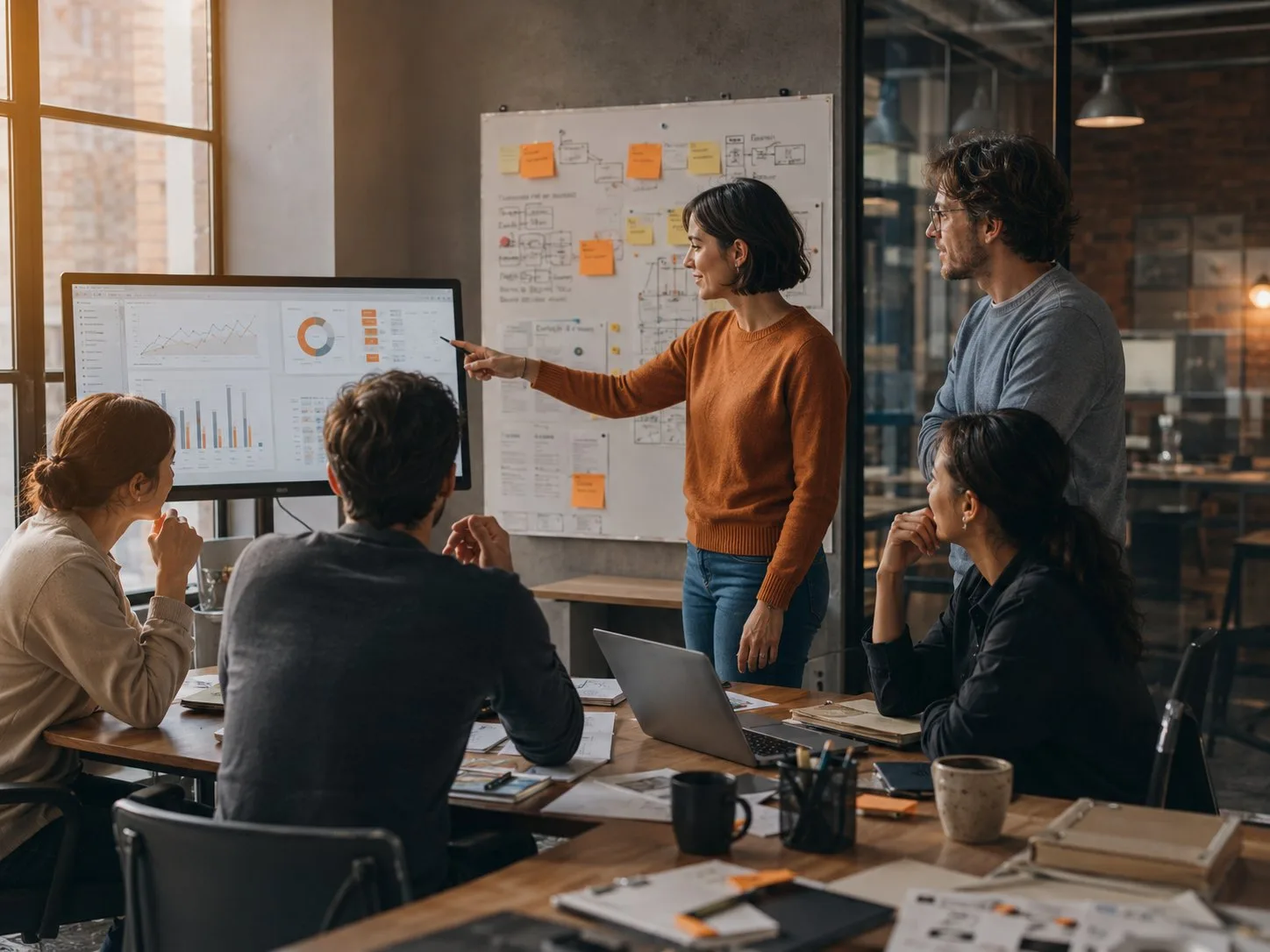 Une équipe examine un tableau de bord en réunion de travail